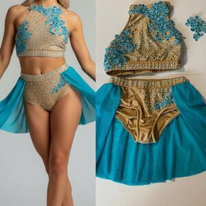 Glamour solo dance costume 2 piece teal tan embellished MC-Medium child